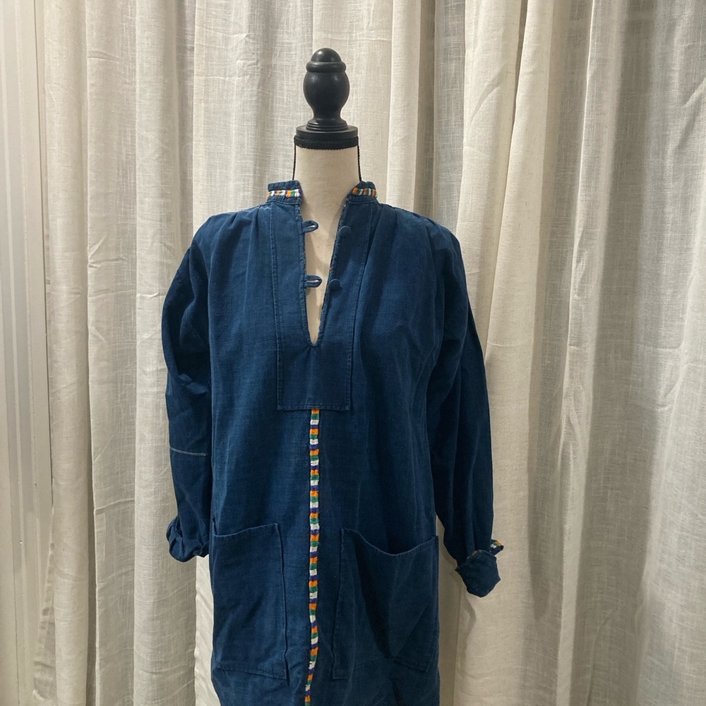 Vintage Chambray Long-Sleeve Tunic with Colorful Trim